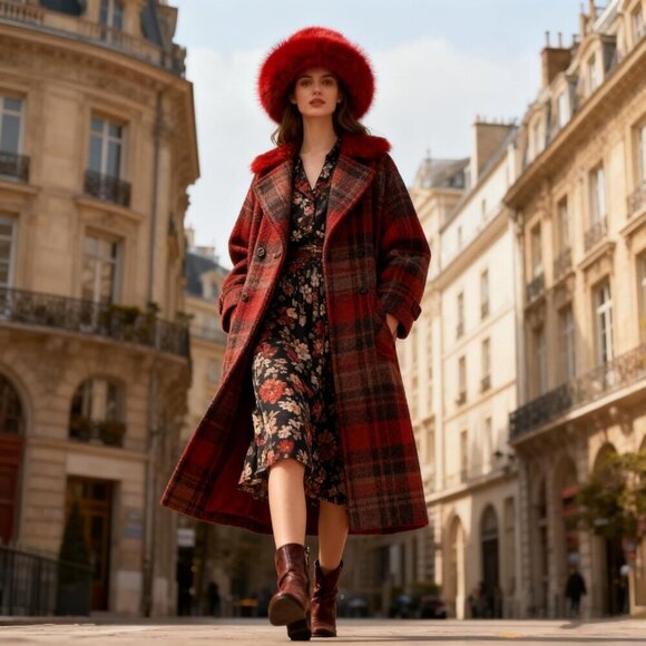 Women\'s Dark Red Oversized Winter Long Pile Fur Wide Moldable Brim Warmer Cap main image 6